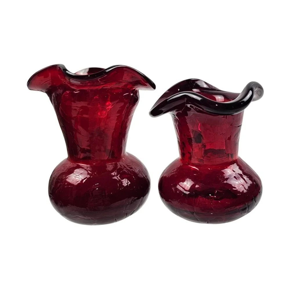 Vintage Ruby Red Crackle Glass Mini Pitchers Ruffled Rim Set of 2 4in